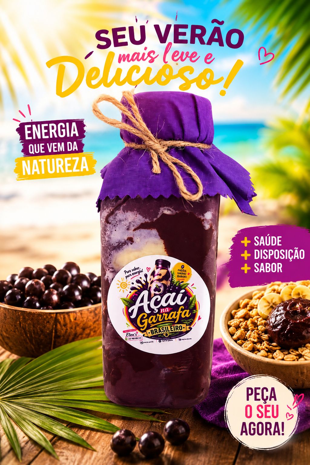 Açaí na Garrafa sabor Brasileiro com fundo tropical